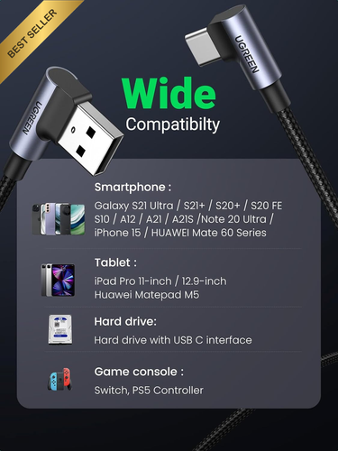 USB A to C Right Angle Cable 0.5M Fast Charger for iPhone, Galaxy, PS5, Switch - Picture 6 of 12