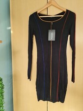 Pretty Little Thing size 6 black long sleeve multi colour stitch detail bodycon