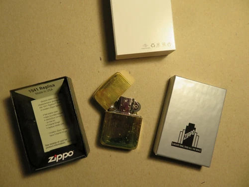 ZIPPO LIGHTER NEW  1941 REPLICA BRASS GOLD UNBUFFED UNPLATED WORN DIRTY LOOK BOX