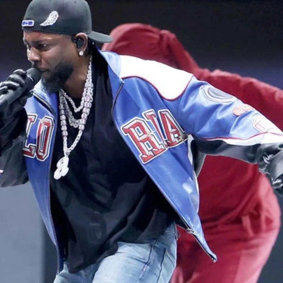 Kendrick Lamar Super Bowl Compton Pg Blue Leather bomber Jacket - Image 3 of 4