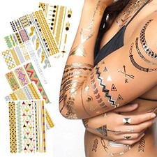 Metallic Temporary Tattoos Bands Flash Gold Silver Boho Henna Foil Festival Rave