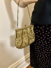 50  sGold Beaded Evening Handheld Purse Satin Lined In Unused Condition