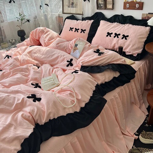 PrincessStyle Kawaii Girl Black Bow BeddingSet Skin-friendly Soft DuvetCover Set - Picture 7 of 32