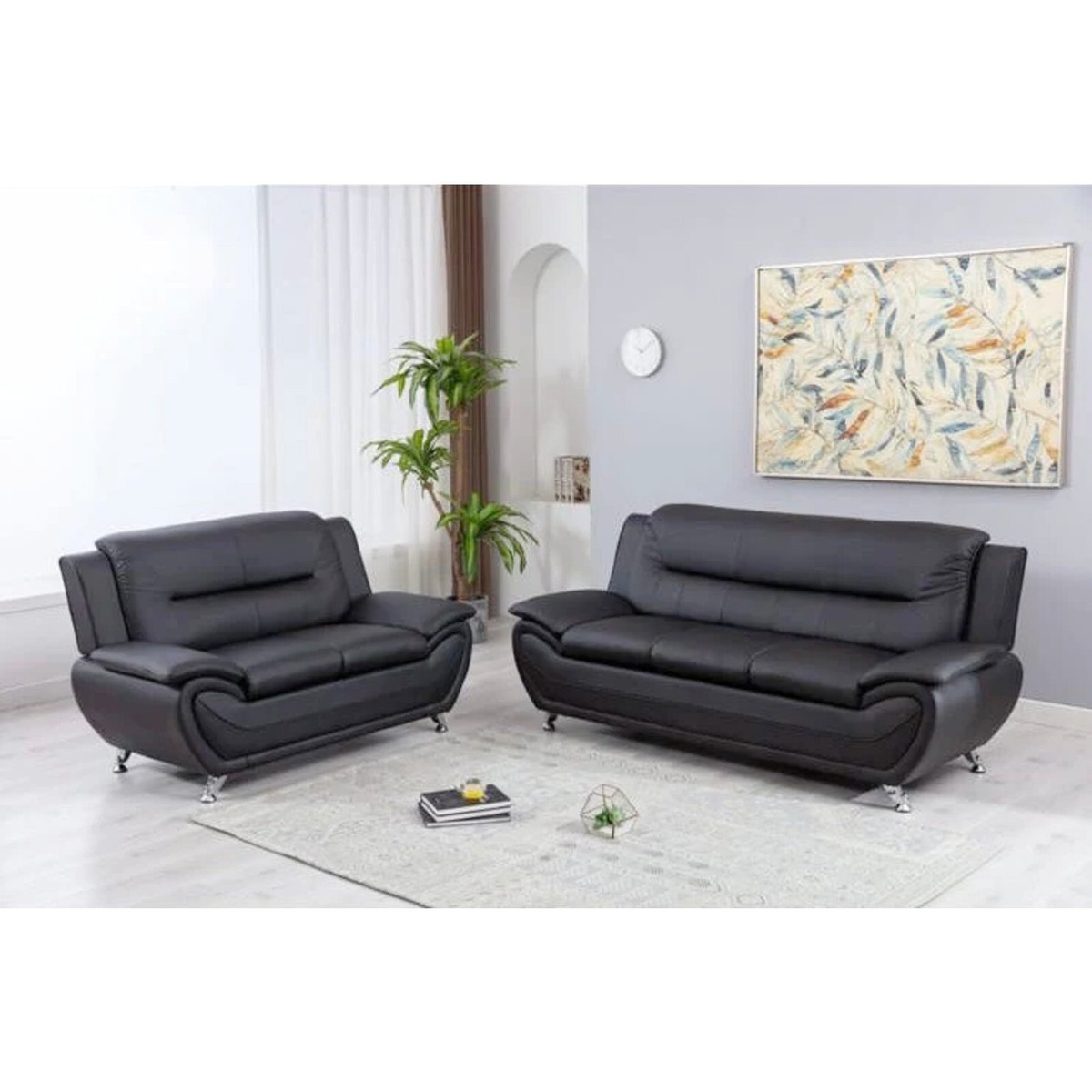 NEW Black Leather Gel 2PC Sofa Set Contemporary Modern Living Room