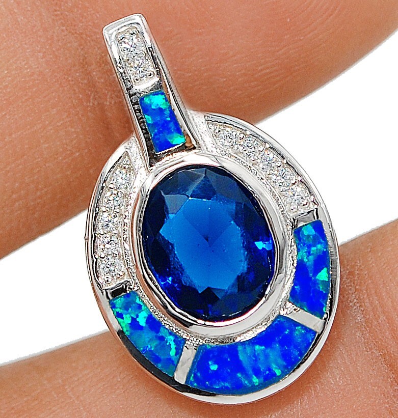 2CT Treated Blue Sapphire & Australian Opal Inlay 925 Sterling Silver Pendant