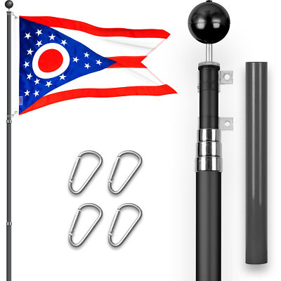 Combo: 16 Ft Telescoping Flagpole Black & Ohio OH State Flag 3x5 Ft Emb 300D