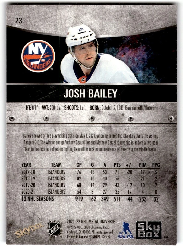 2021-22 Skybox Metal Universe Blue Josh Bailey #23 New York Islanders - Image 2 of 2