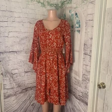 New Indigo Rose Dress Women SZ Medium Red Floral Bell Sleeves Elastic Waist