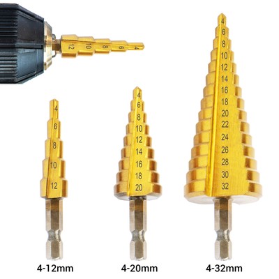 BLOSTM 3Pcs HSS Steel Step Cone Drill Hole Cutter Titanium Bit Set 4-12/20/32mm
