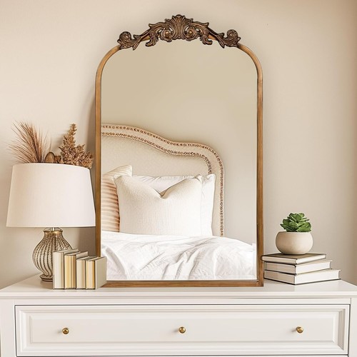 19x31"Gold Vintage Mirror Wall Ornate Baroque Arched Mirror Antique Brass Mirror