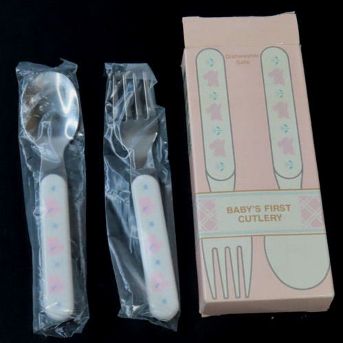 READ VTG Hallmark Baby Celebration Baby's First Cutlery Spoon & Fork Set Rabbits