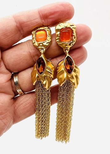 Long Catwalk Jon Amber Poured Resin & Rhinestone Chain Tassel Earrings Posts New