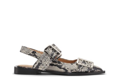 New Ganni Snake Printed Slingback Feminine Buckle Ballerinas