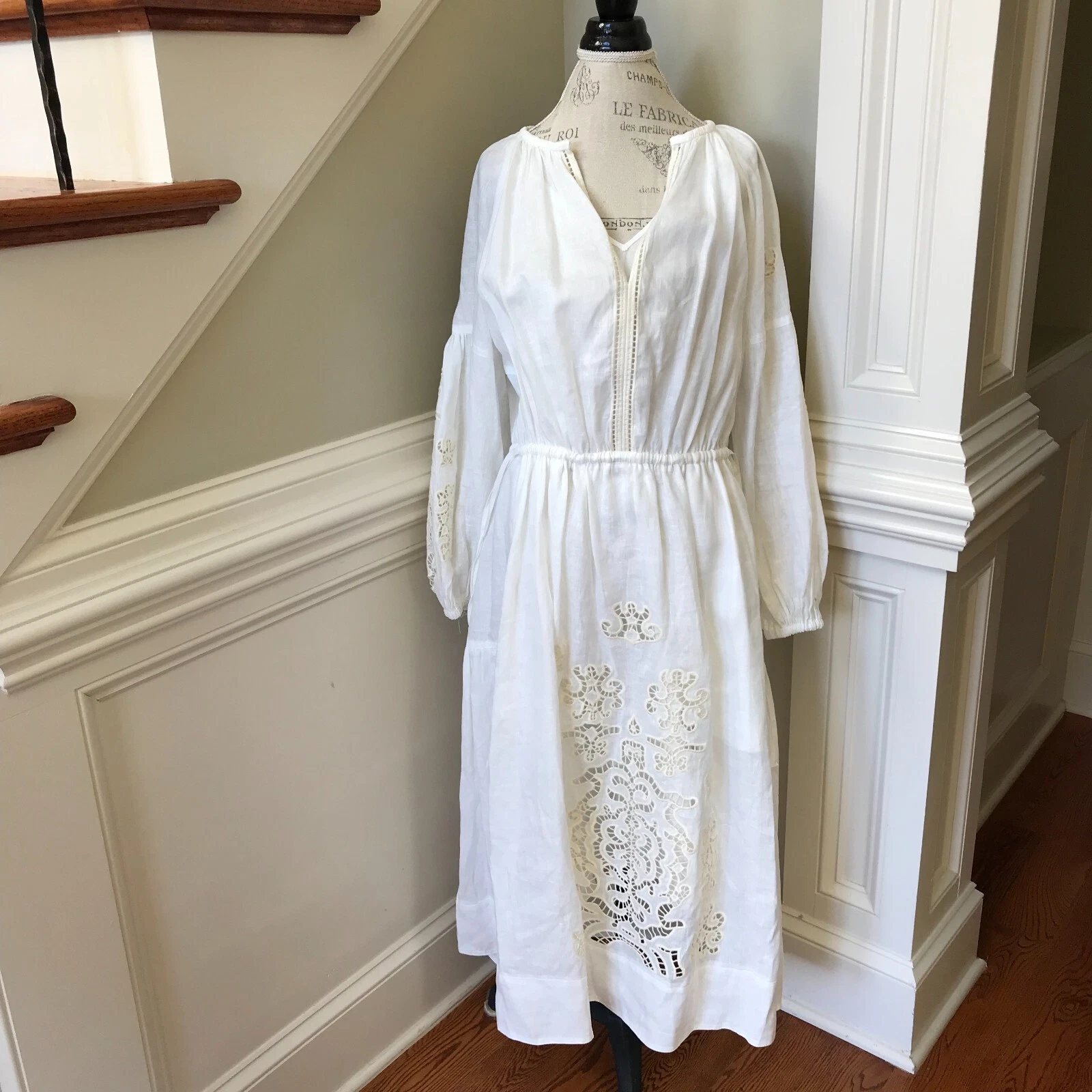 OFF WHITE Abito midi ALC Capri donna 14 avorio bianco sporco scollo a V maniche lunghe lino occhielli