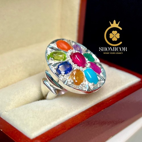 Navratna Ring –  Nine Stone Sterling Silver Handmade Charming Masterpiece Gift - Picture 4 of 6