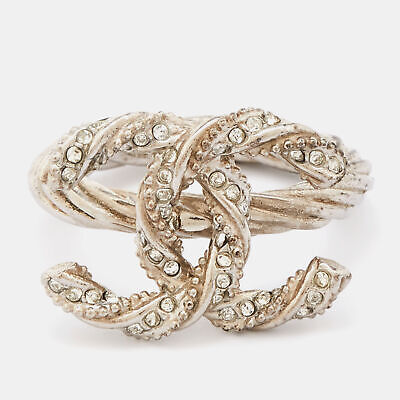 Chanel Gunmetal Tone Crystal Embellished CC Twist Ring EU 49 Chanel Gunmetal Tone Crystal Embellished CC Twist Ring EU 49