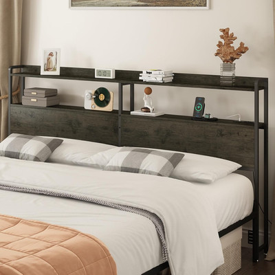 Adjustable Queen Size Headboard with Storage, Outlets, USB & LED Light - Black O