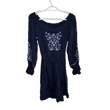 Hollister Navy Embroidered Off the Shoulder Boho Mini Dress Medium Bohemian