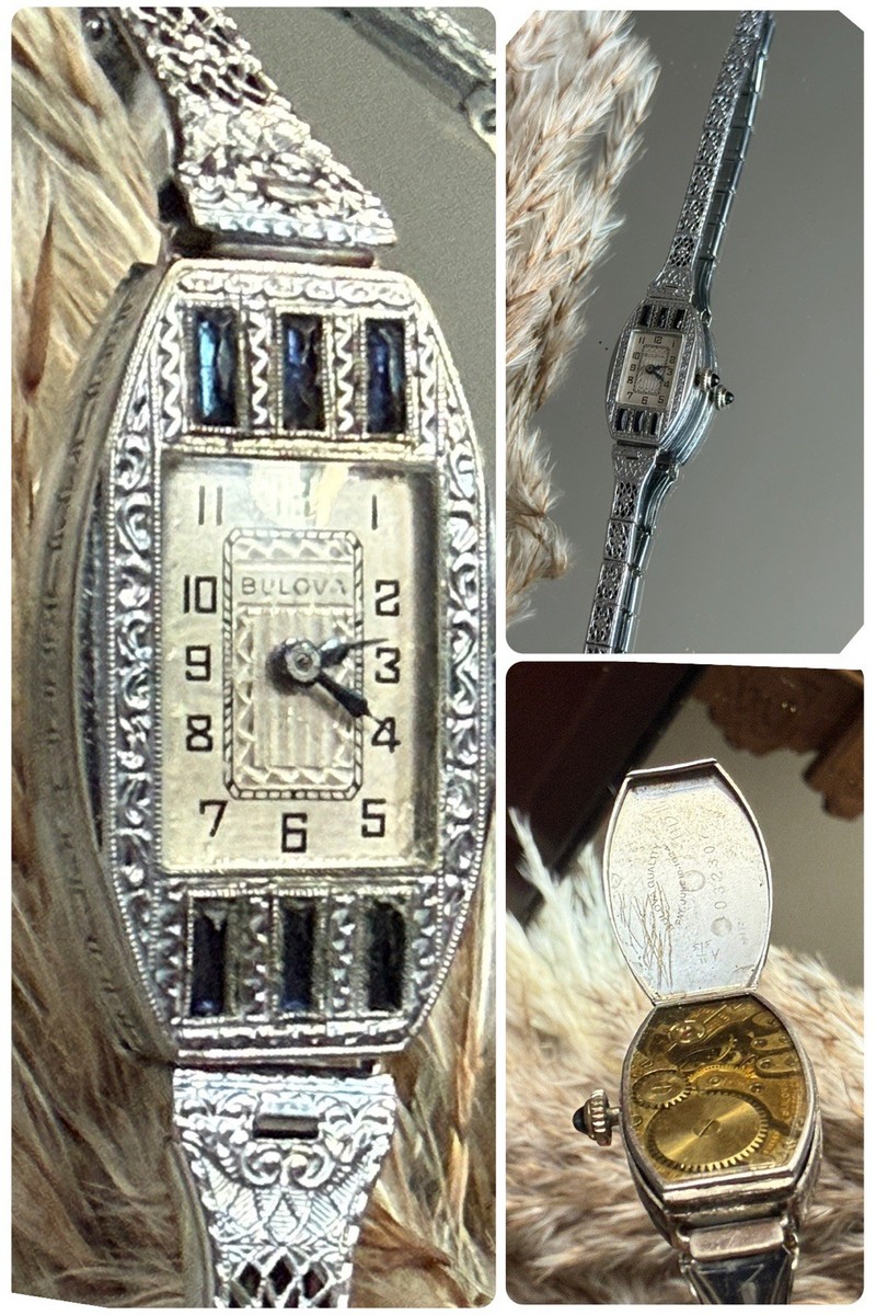 1928 Ladies Art Deco Sapphire Bulova Watch ~Filigree Band | eBay display picture 2