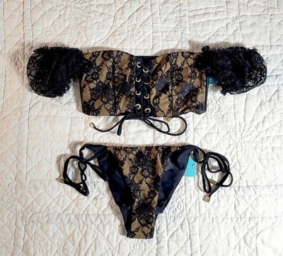 Beach Bunny S Bikini Black EVERLY Lace Off Shoulder Top +Bottom Tie-side 2PC New