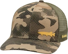 Simms Fishing Musky Payoff Trucker Cap Camo No-Glare Black Underbrim RARE!