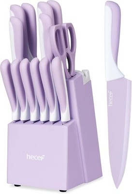 15 Pieces Kitchen Knife Set with Built-in Sharpening Wooden Block, Dishwasher