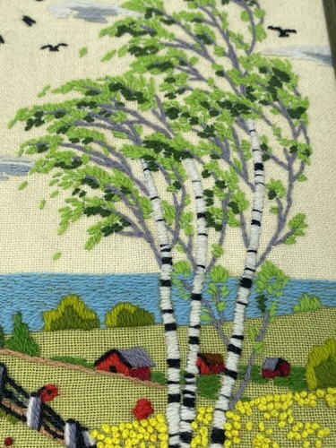 Vintage Needlepoint Clock Handmade Flowers Farm Cattails Birch Tree Framed - Picture 2 of 12