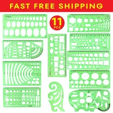 11PCS Geometric Drawing Templates Drafting Stencils Plastic Measuring Tool Green