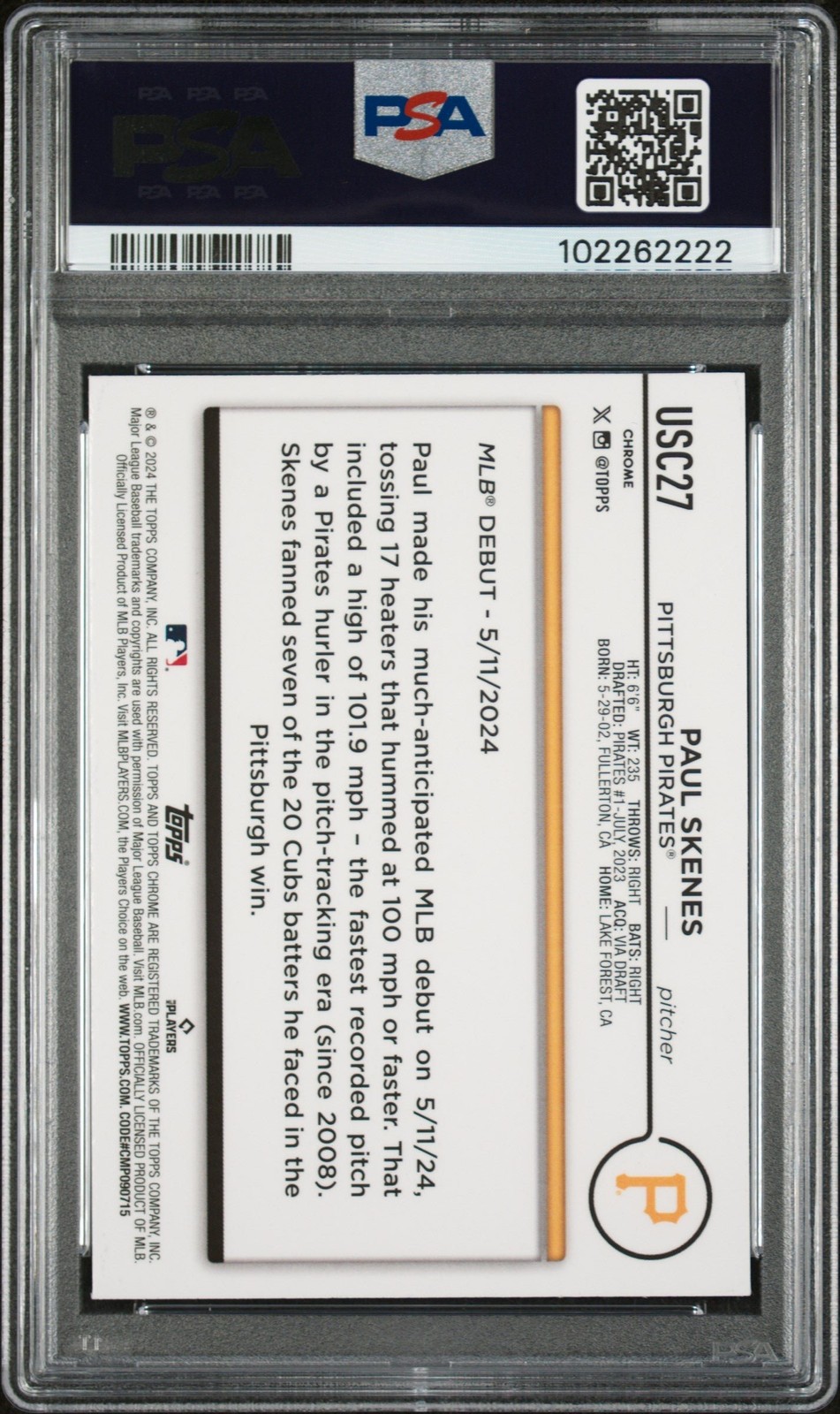 Graded 2024 Topps Chrome Update Paul Skenes #USC27 Rookie Card PSA 10 view 2