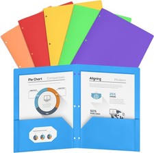 6 Pcs Plastic 3 Hole Punched Pocket Folders w Labels for 3 Ring Binder Heavy