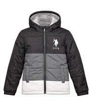 U.S. Polo Assn. Boys Hooded Puffer Jacket Colorblock Gray Black White S 6-7