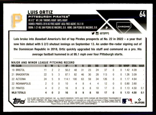2023 Topps Chrome Luis Ortiz RC Pittsburgh Pirates #64 - Picture 2 of 2