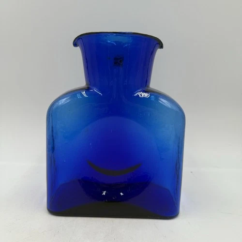 Blenko Art Glass Cobalt Blue Water Bottle 8.25”, Double Spout