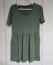 Lands End Dress Women Size L 14/16 Green Stretch Short Sleeve Scoop Neck Pockets