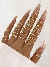 28-Piece Gold Love Theme Stackable Rings Boho Geometric Rhinestone