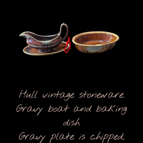 Hull Pottery Gravy Boat Plate Handle Tan Brown Drip Glaze Oven Proof Vintage USA
