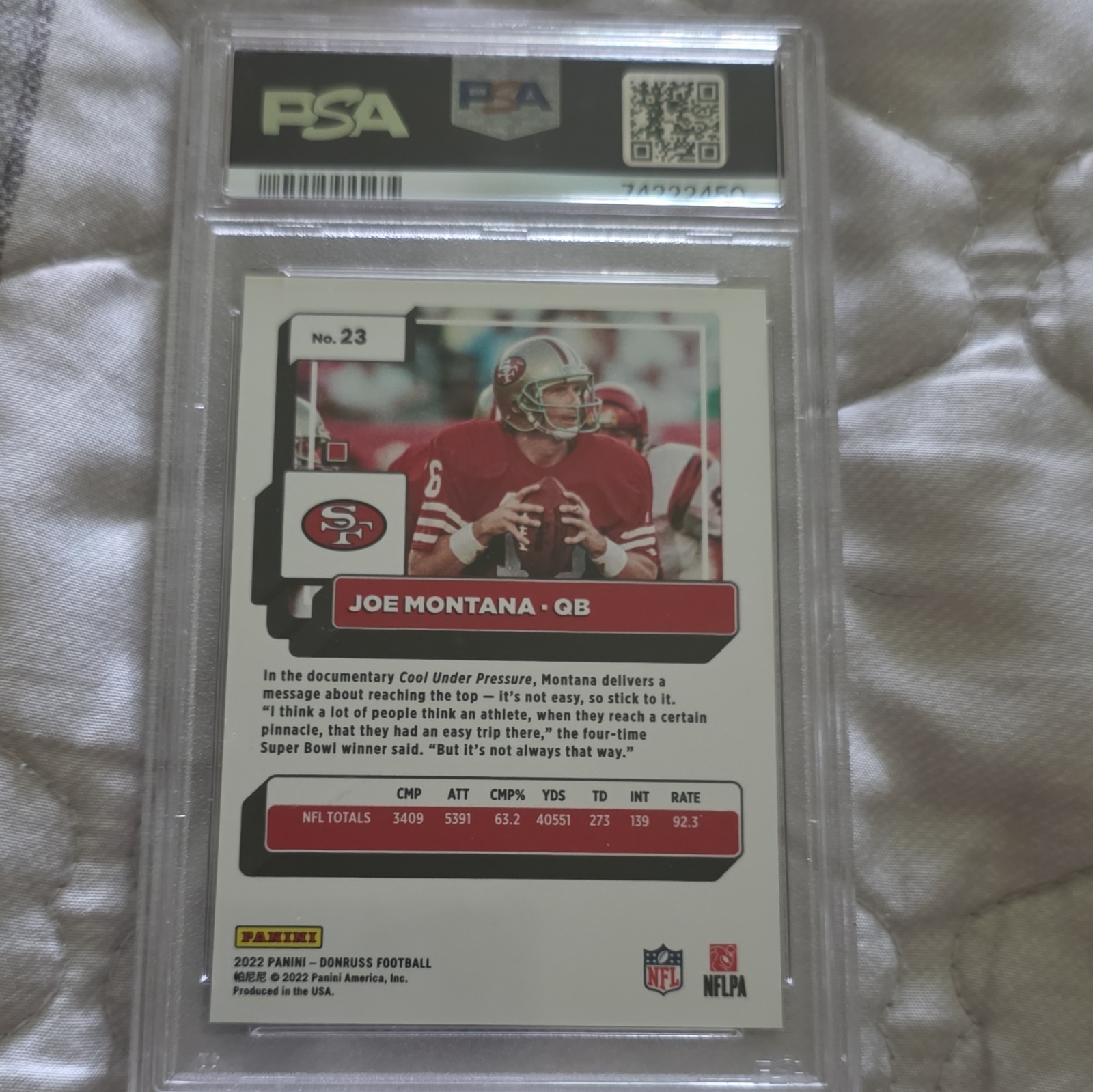 Panini Donruss 2022 Joe Montana 49ers Press Proof Premium #23 PSA 9 view 2