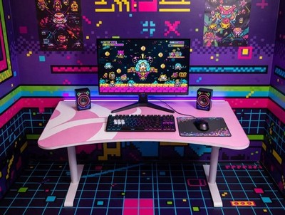 Arozzi Arena Gaming Desk | White & Pink | Large Mouse Pad Surface