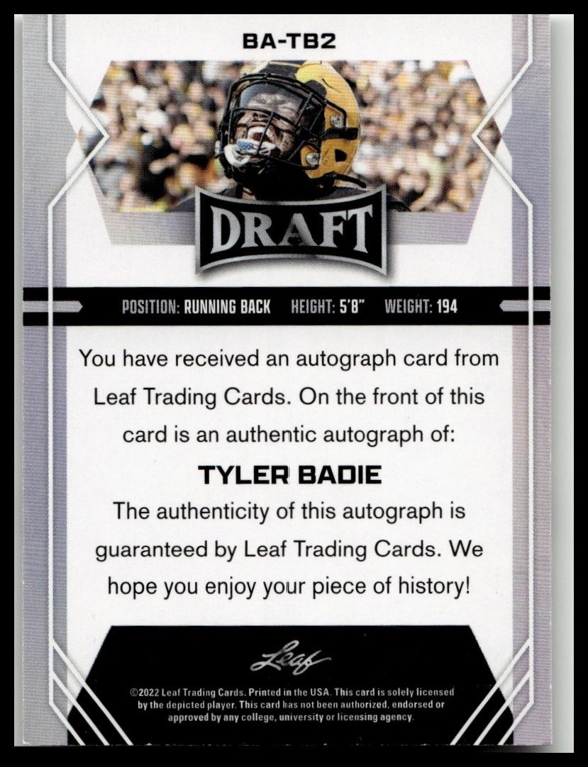 Tyler Badie Leaf Draft Autographs #BATB2 Autograph-Gold
