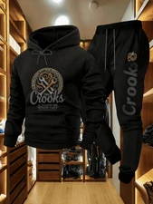 Men'S Casual Hoodie & Sweatpants Set - "Crooks & Castles" Graphic Print, Loose F