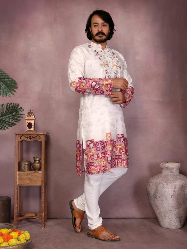 Ensemble Kurta Homme Blanc Kashida Sherwani Style Mariage Pakistan Inde - Photo 2/4
