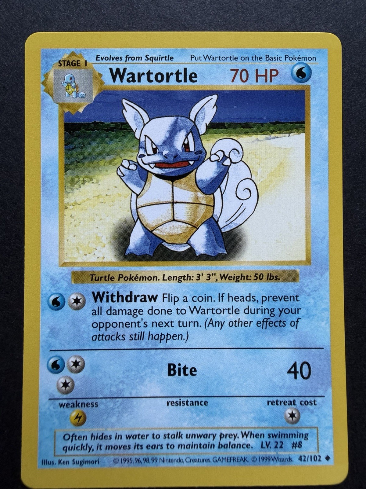 Pokemon Card Shadowless - Wartortle 42/102 NEAR MINT +. Stage 1. 1999 PHOTOS