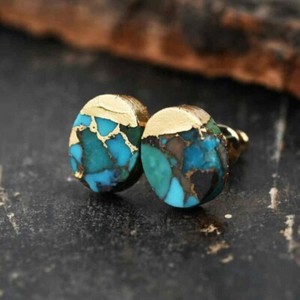 Authentic Genuine Turquoise Gold Plated Women Healing Reiki Dainty Oval Stud Earrings Gift