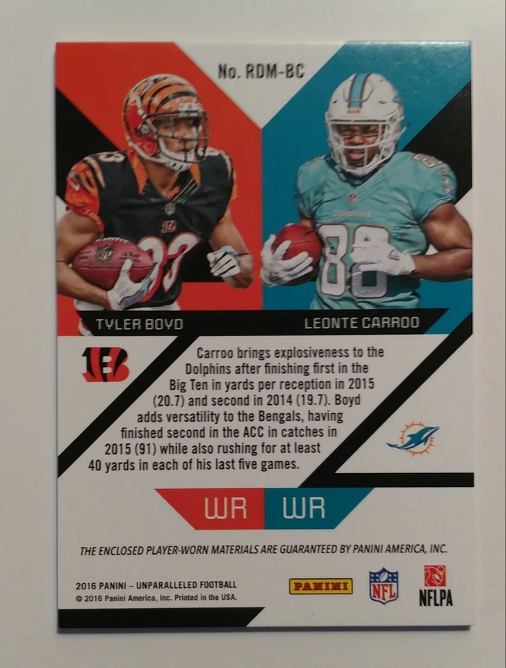 🔥2016 UNPARALLELED ROOKIE TYLER BOYD-LEONTE CARROO DUAL PATCH #RDM-BC 80/149 - Image 2 of 2