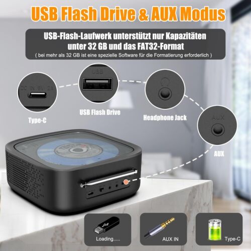 CD Player Tragbar, Boombox CD Player Bluetooth & Radio FM mit Dual Stereo Lautsp - Bild 7 von 7