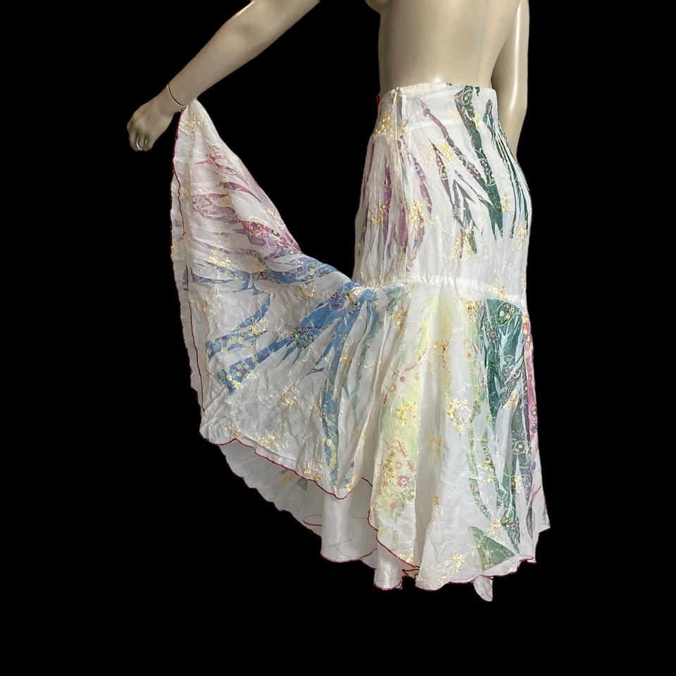 Net Girl Midi Skirt Sz 8 Full Drop Waist Asymmetrical Hem Lined Boho Fairy Cream