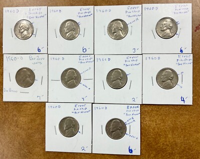 10 1960 D Jefferson nickel  Bar 0  variety sm med different die states die chips