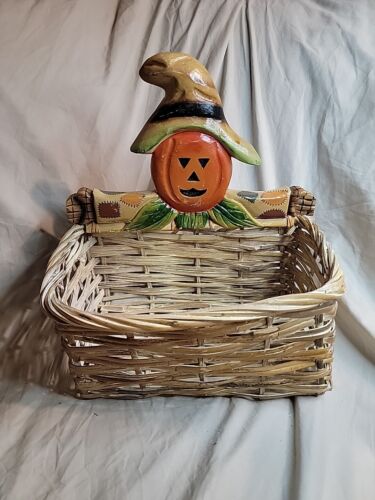 Pumpkin Basket Wood and Woven Wicker Scarecrow Pumpkin Fall Autumn Decor 12"