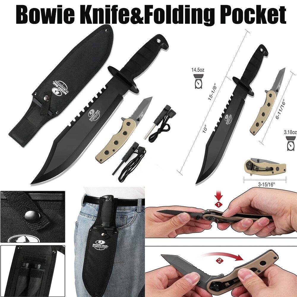 15''Survival Bowie Knife&Folding Pocket Knife Fixed Blade Hunting Knife w/Sheath