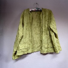 Chico's Womens Embroidered Open Front Blazer Jacket Sz 3 Silk Linen Blend Green